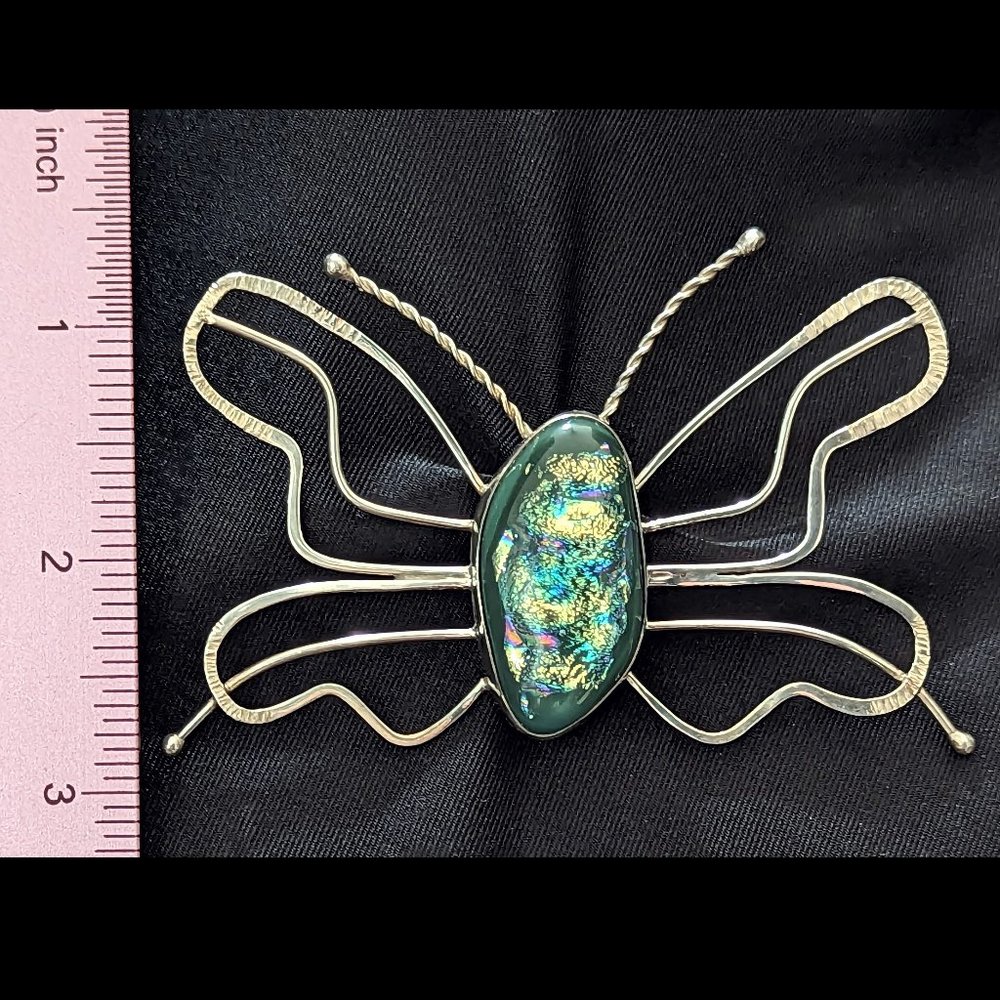 Lg BUTTERFLY Iridescent Green Dichroic RULA GLASS 925 Sterling Silver PIN Brooch - Picture 2 of 4